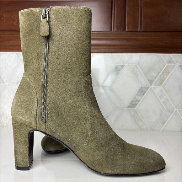 8B Green Suede Leather Block Heel Zip Zipper Almond Toe Ankle Boot Bootie Vida - Picture 6 of 14